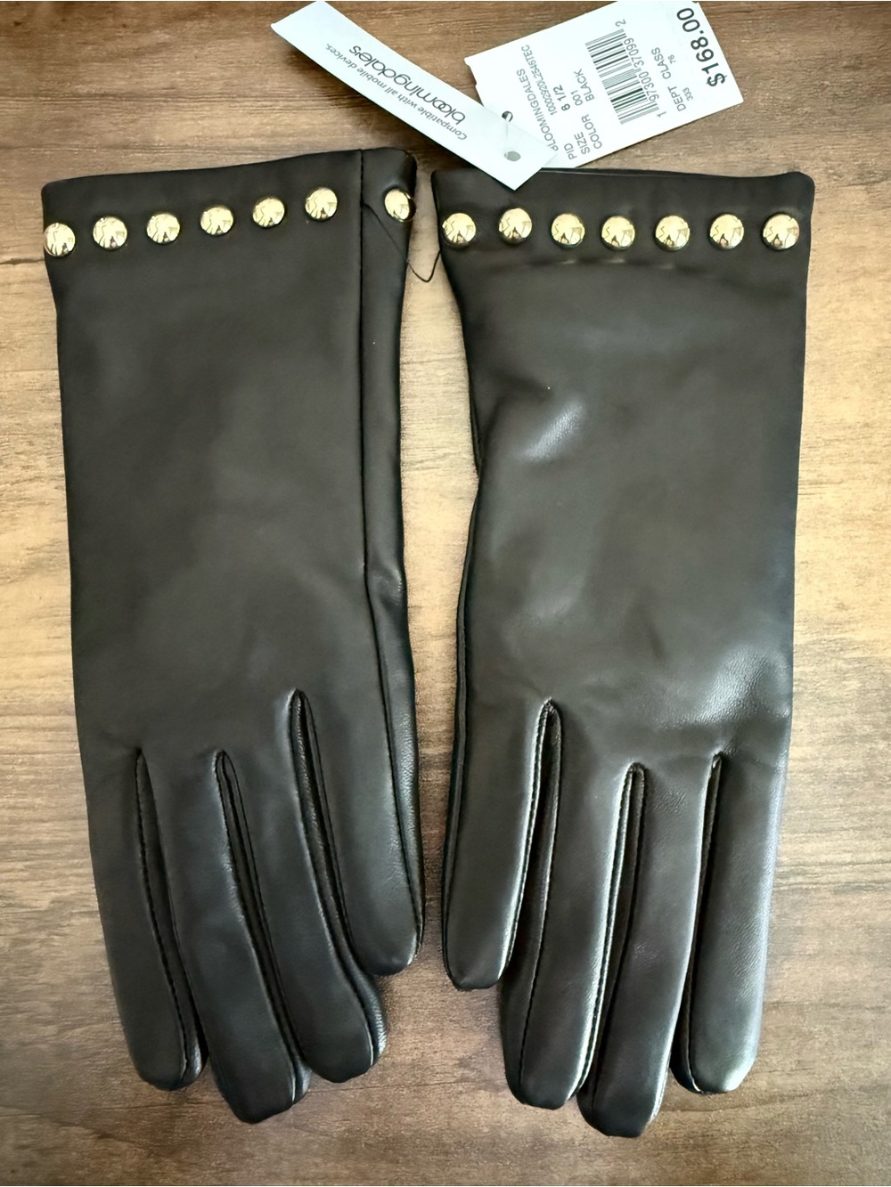 Bloomingdale’s Black Leather Gold-Studded Cashmere Gloves